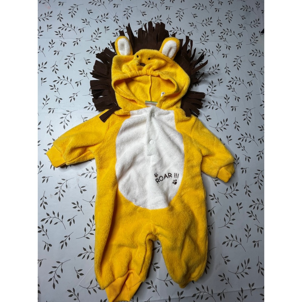 Kids Lion Costume Fleece Hooded Jumpsuit Yellow Brown 6-9 Months Halloween Roar